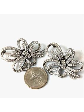 Vintage Nina Ricci for Avon Rhinestone Bow Brooch Pin Set of 2 Silvertone 1980s